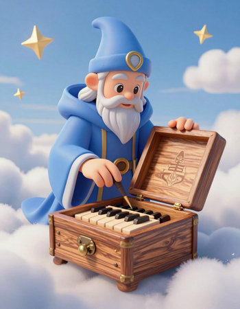 3D illustration of a cartoon character in the sky with a treasure chest