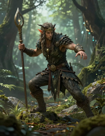 Ancient warrior with a spear in the forest.
