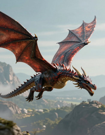 Dragon flying in the air. Fantasy dragon in the mountains. 3d rendering.