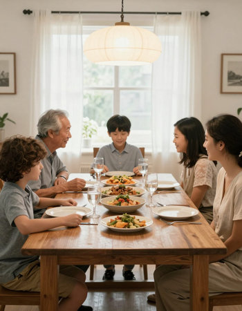 Happy family having dinner together at home. Grandfather, mother and children spending time...