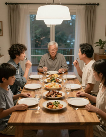 Grandfather and his family having dinner in the living room at home