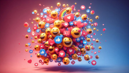 Emoticon smiley face with social media icons. 3D rendering