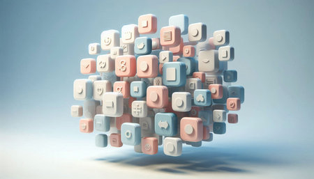 3d rendering of a group of colorful cubes with letters and numbersの写真素材