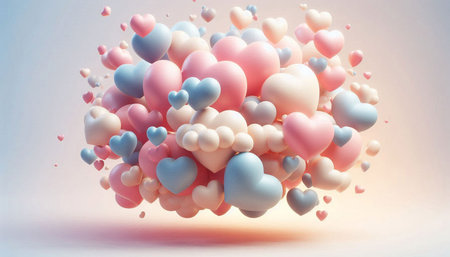 Colorful heart shaped balloons floating in the air. 3D rendering