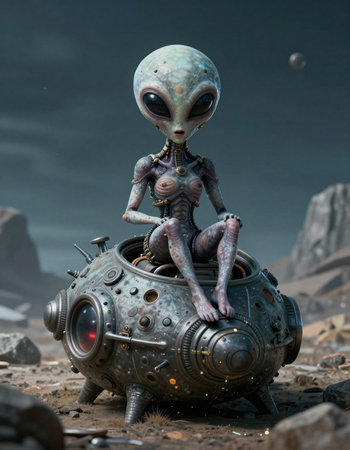 3D rendering of a little alien sitting on a steampunk planet