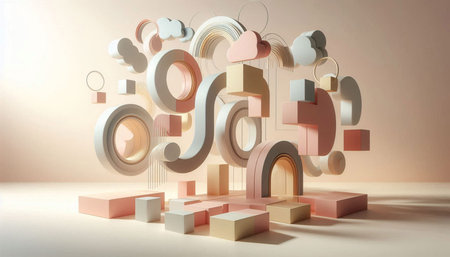 3d rendering of abstract geometric forms in pastel colors. Minimal composition with primitive...