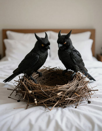 Two black ravens sitting in a nest on the bed in the morning
