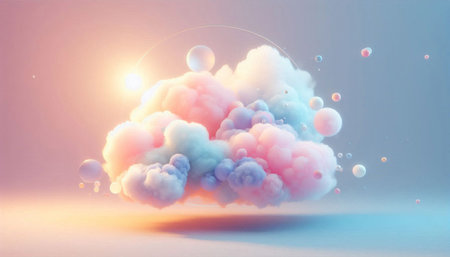 3d rendering of colorful smoke cloud on blue background with sun rays