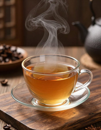 Cup of hot tea with coffee beans and teapot on wooden background
