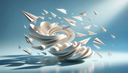 Abstract 3D rendering of white paper planes flying in blue background.の写真素材