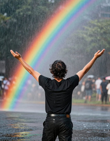 Man with arms raised in front of a rainbow in the rain.