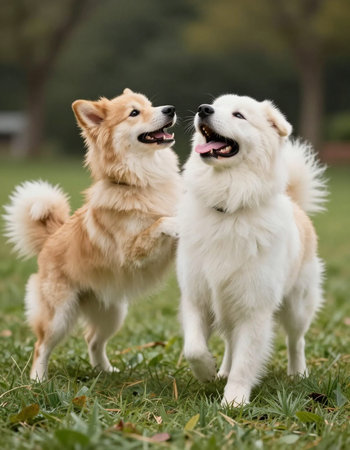 Two dogs playing in the park. Two happy dogs are standing in the grass.