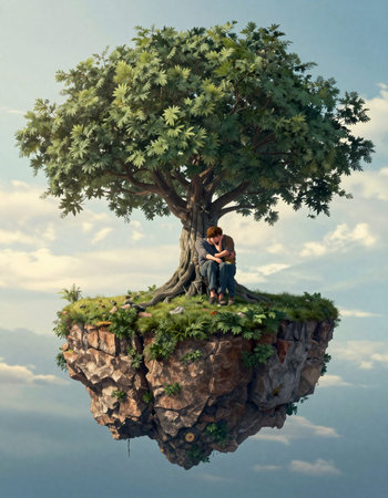 Couple in love sitting under a big tree on a small island