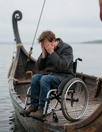 A man in a wheelchair is sitting on a wooden boat in the sea.