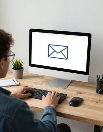 Man using computer with email icon on screen. Email marketing concept.