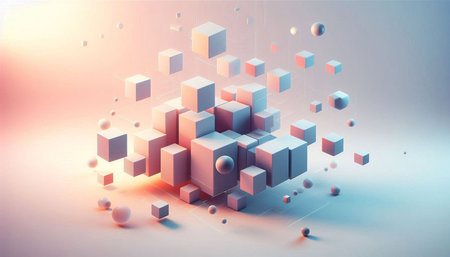 Abstract 3d rendering of chaotic cubes. Futuristic background with cubes.