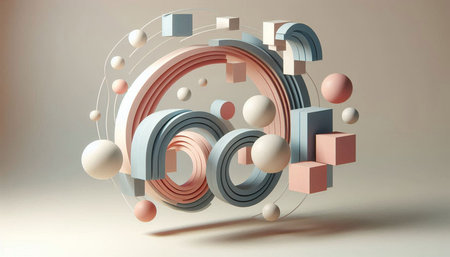 Abstract 3d rendering of geometric shapes in pastel colors. Futuristic background design.