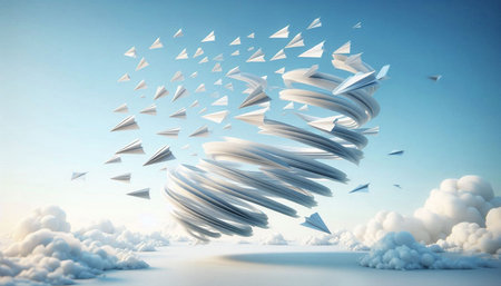 Abstract background with flying paper planes and clouds. 3D Rendering