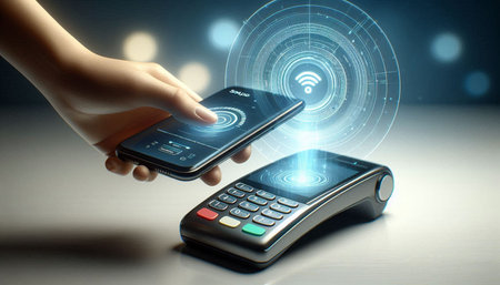 Close up of human hand using mobile phone with contactless payment concept