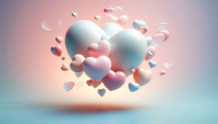 Valentine's day background with hearts and balloons. 3d rendering