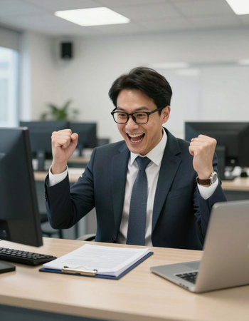 Successful asian businessman celebrating with his arms raised in the office
