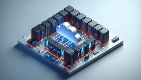 Cloud computing concept. Server room with cloud icon. 3d rendering