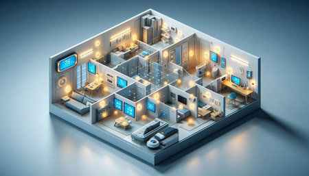 3D rendering of a computer room with a lot of electronic equipment