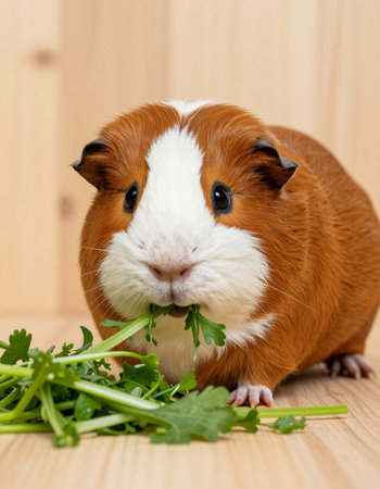 guinea pig with parsley on a wooden background close-up