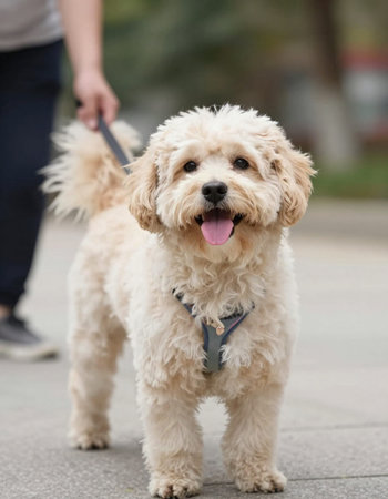 Dog breed Labradoodle on the leash. Dog walking in the parkの写真素材