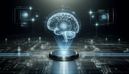 Digital brain hologram over circuit board 3D rendering elements of this image furnished by NASA