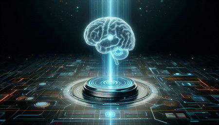 3D illustration of a human brain on a pedestal with a circuit background