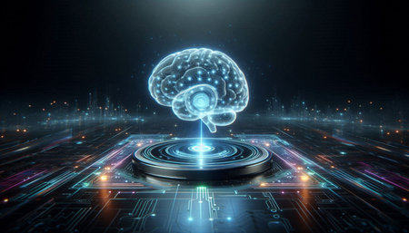 Digital brain hologram over circuit board 3D rendering elements of this image furnished