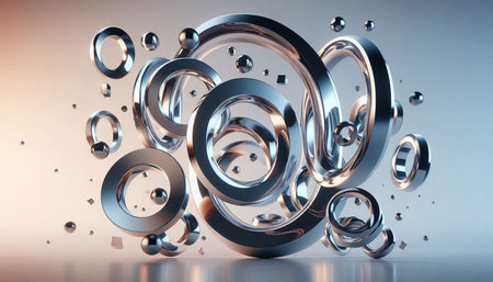 Abstract 3D rendering of metal rings. Futuristic background with geometric shapes.