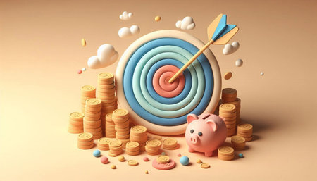 target with piggy bank and coins on color background. 3d illustration
