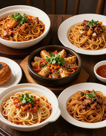 chinese food, spicy noodles with meat and vegetables on wooden background
