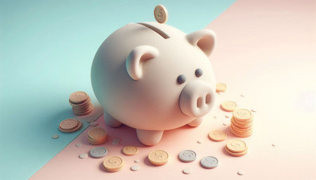 Piggy bank and coins on pink and blue background. 3d illustration