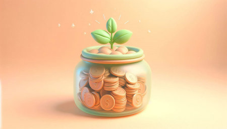 plant growing out of coins in a glass jar. 3d illustrationの写真素材
