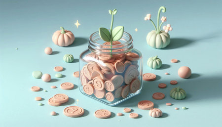 Pumpkin seedling in a jar on a blue background.
