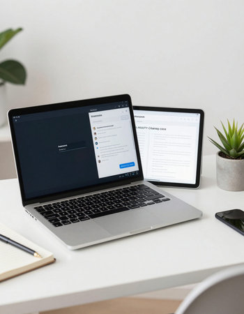Laptop and smartphone on the table. Workplace at home.