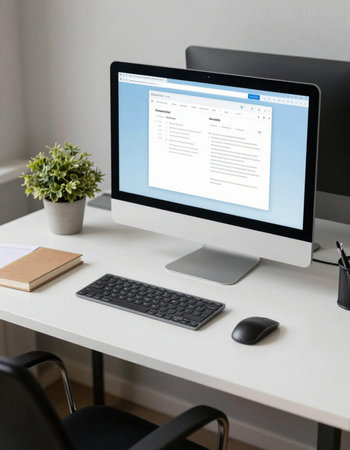 Workplace with computer and notepad on table in home office.