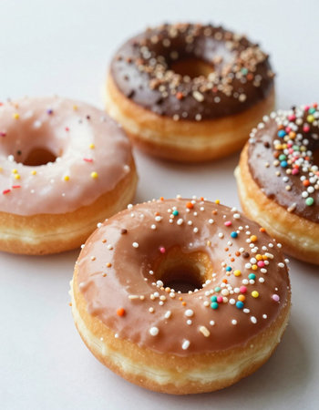 Donuts with chocolate and sprinkles on a white background. Selective focus.の写真素材