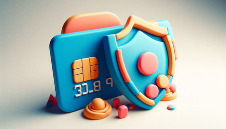 Credit card with shield, 3d render. Computer digital drawing.