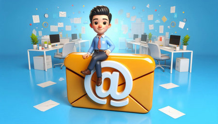 3d illustration of man sitting on the email symbol and working in office