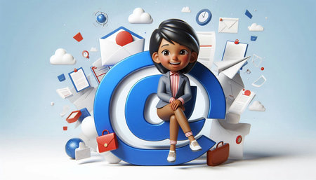 3D illustration of a cute businesswoman sitting on an email sign