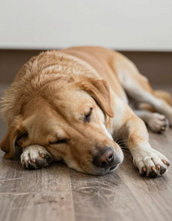 Labrador Retriever sleeping on a wooden floor. Selective focus.