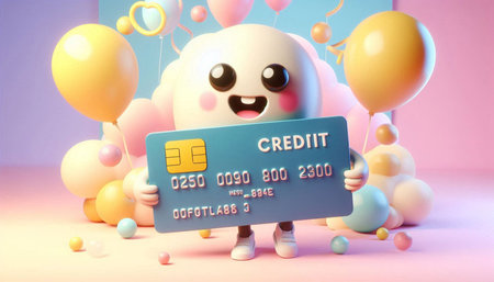 3d render of a cute character with a credit card and balloons