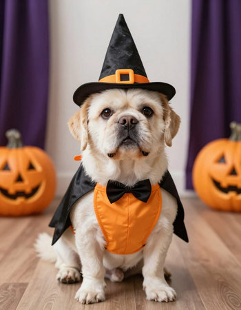 Cute dog wearing Halloween costume on floor at home, closeup