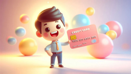 Businessman with credit card and colorful balloons. 3d illustration.