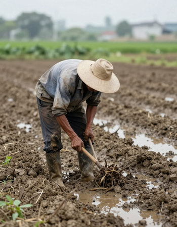Farmer working on the rice field in the countryside of Thailand.
