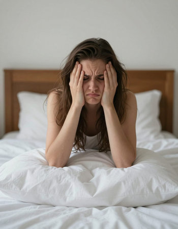 Young woman suffering from headache sitting on the bed in the bedroom.
